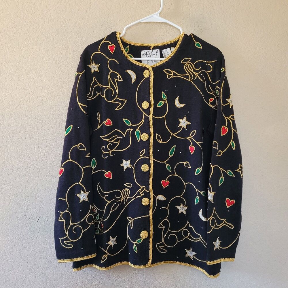 Vtg Michael Simon Womens Christmas Lights Cardigan Sweater Size Large Ramie Art